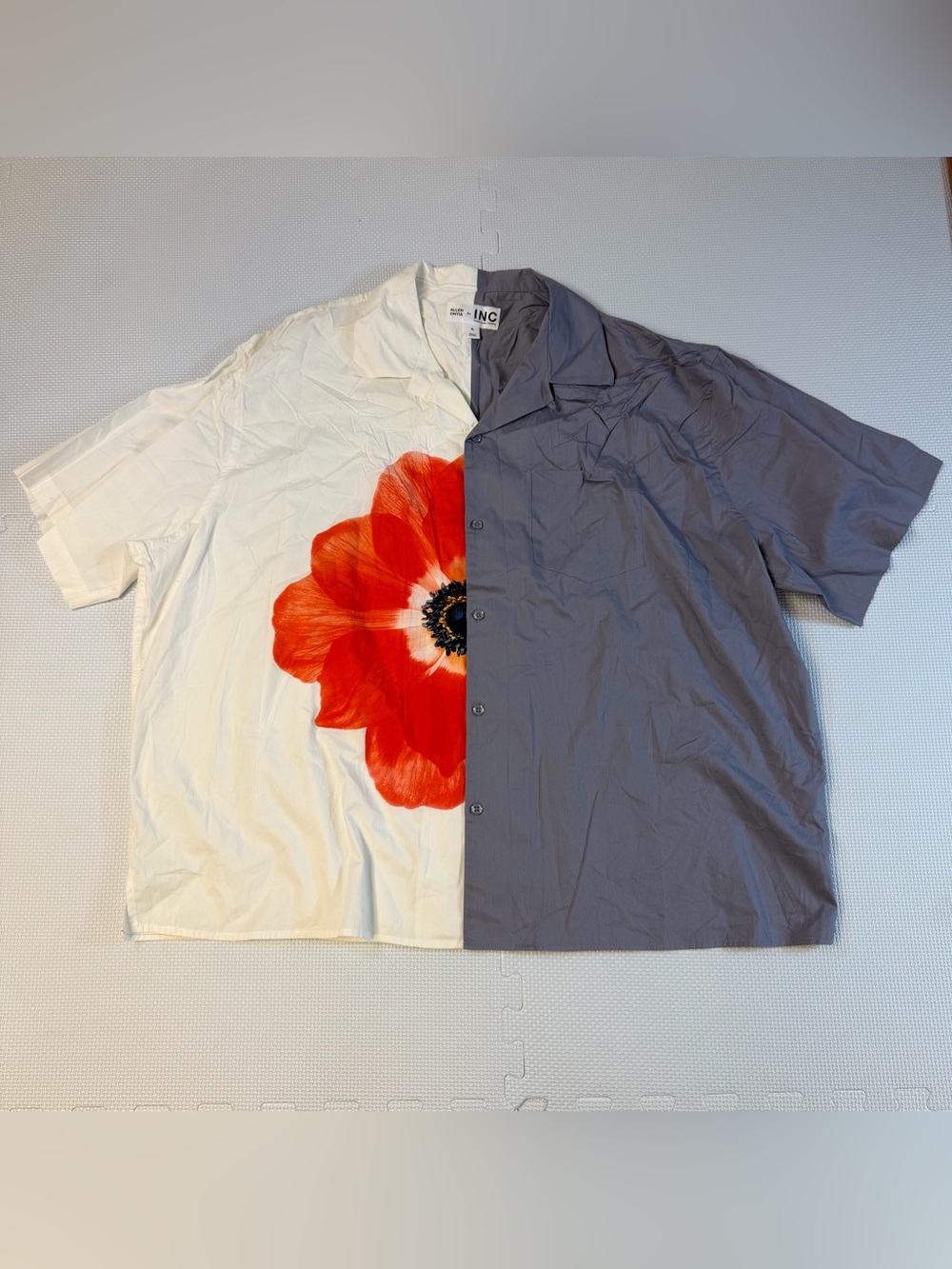 INC International Concepts Men’s Half-Panel Red Floral & Gray Short-Sleeve Shirt